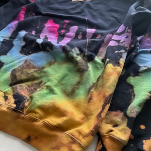 Reverse Tie Dye Sweatshirt, Rainbow Sweater, Black Rainbow, Bleach Tie Dye Crewneck, Purple, Green, Blue, Yellow, Bright Pink Sweatshirt image 8