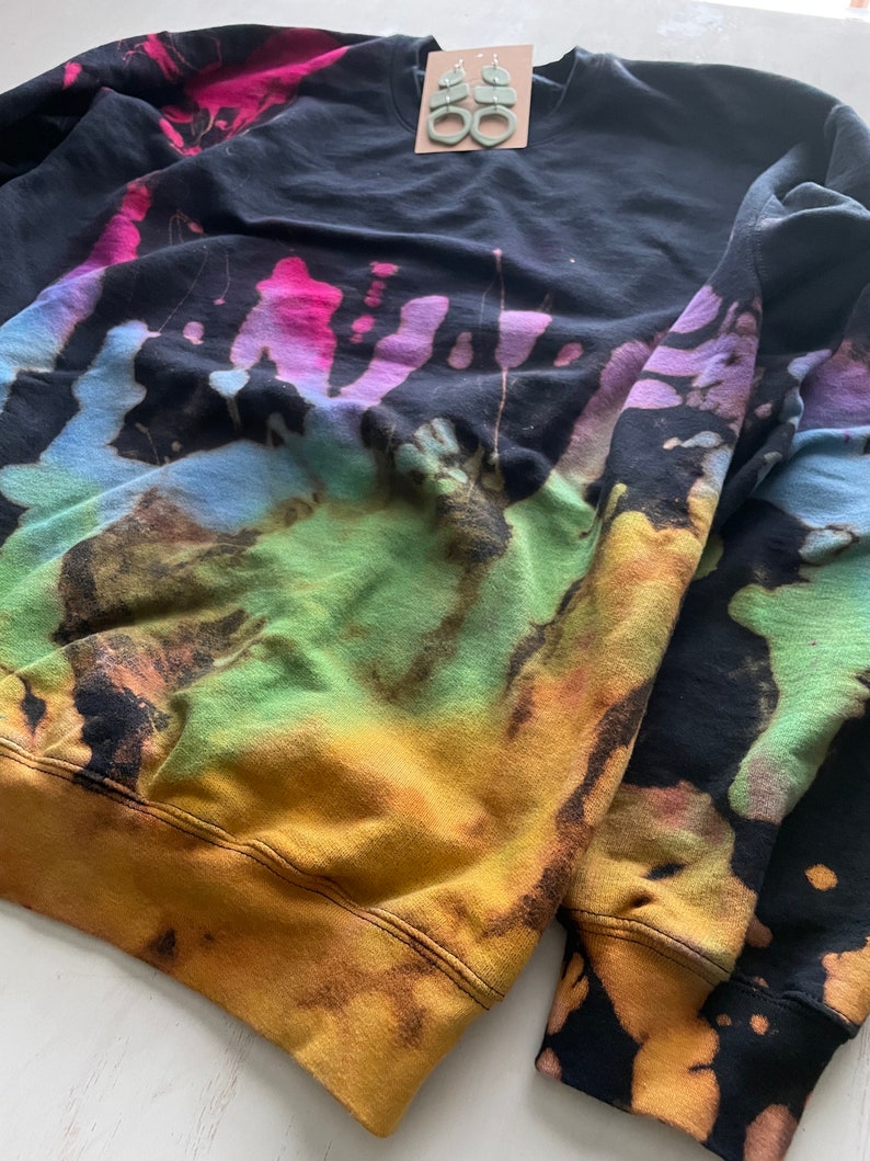 Reverse Tie Dye Sweatshirt, Rainbow Sweater, Black Rainbow, Bleach Tie Dye Crewneck, Purple, Green, Blue, Yellow, Bright Pink Sweatshirt image 8