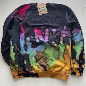 Reverse Tie Dye Sweatshirt, Rainbow Sweater, Black Rainbow, Bleach Tie Dye Crewneck, Purple, Green, Blue, Yellow, Bright Pink Sweatshirt image 1