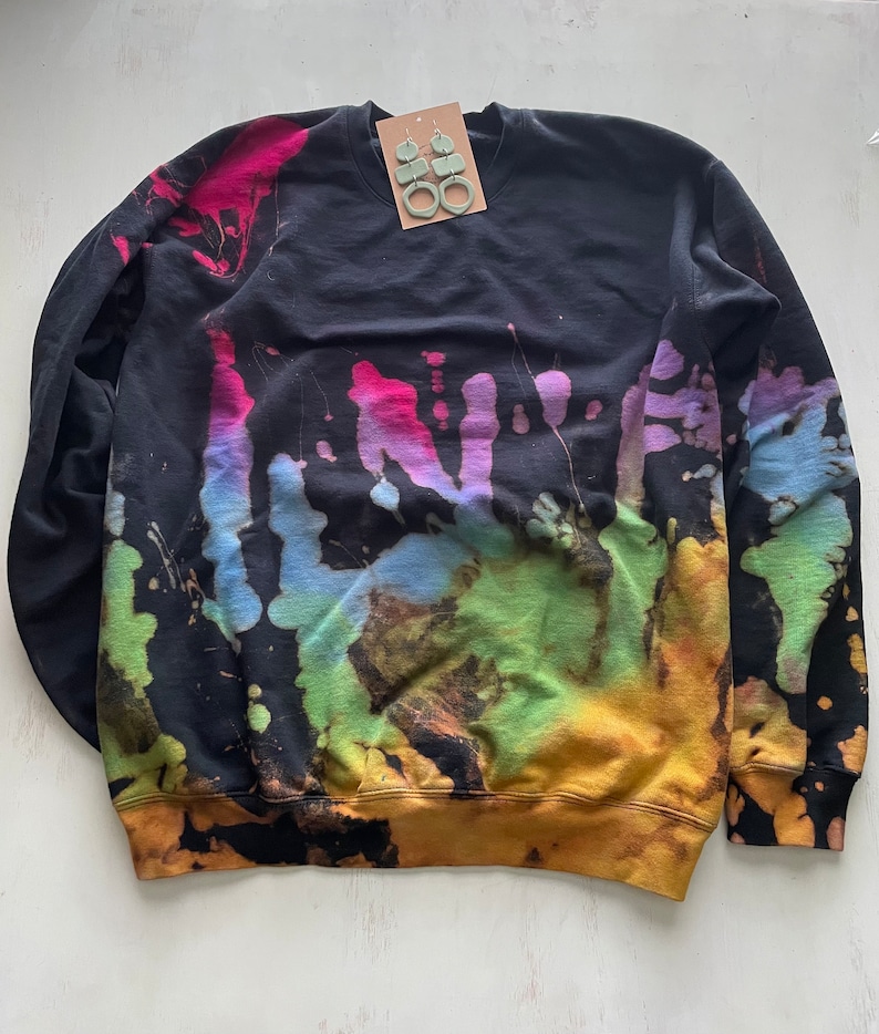 Reverse Tie Dye Sweatshirt, Rainbow Sweater, Black Rainbow, Bleach Tie Dye Crewneck, Purple, Green, Blue, Yellow, Bright Pink Sweatshirt image 1