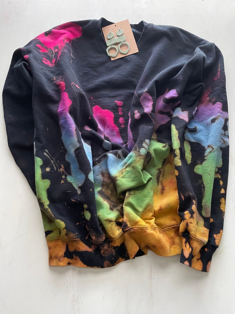 Reverse Tie Dye Sweatshirt, Rainbow Sweater, Black Rainbow, Bleach Tie Dye Crewneck, Purple, Green, Blue, Yellow, Bright Pink Sweatshirt image 3