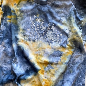 Wildflower Tshirt, Blue and Yellow Tie Dye, Ice Dyed Shirt, Hand Dyed, One of a Kind Shirt, Boho Style Shirt, Ice Dye Crew Neck Shirt image 6