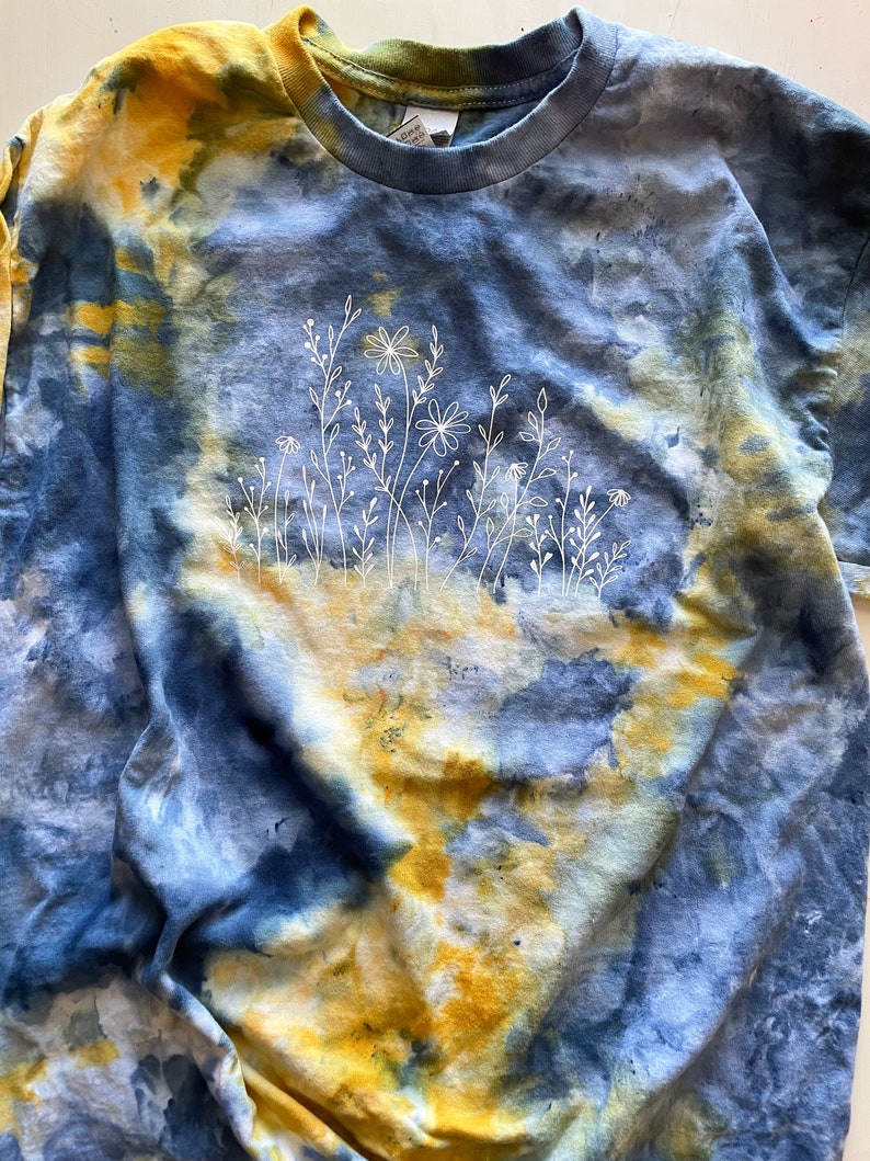 Wildflower Tshirt, Blue and Yellow Tie Dye, Ice Dyed Shirt, Hand Dyed, One of a Kind Shirt, Boho Style Shirt, Ice Dye Crew Neck Shirt image 6