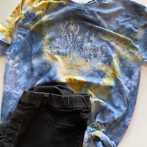 Wildflower Tshirt, Blue and Yellow Tie Dye, Ice Dyed Shirt, Hand Dyed, One of a Kind Shirt, Boho Style Shirt, Ice Dye Crew Neck Shirt image 3