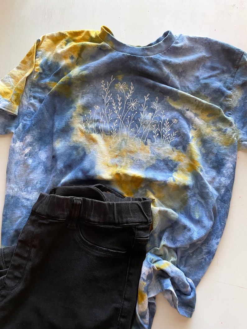 Wildflower Tshirt, Blue and Yellow Tie Dye, Ice Dyed Shirt, Hand Dyed, One of a Kind Shirt, Boho Style Shirt, Ice Dye Crew Neck Shirt image 3