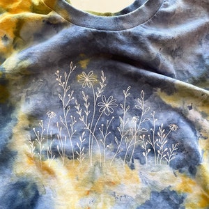 Wildflower Tshirt, Blue and Yellow Tie Dye, Ice Dyed Shirt, Hand Dyed, One of a Kind Shirt, Boho Style Shirt, Ice Dye Crew Neck Shirt image 4