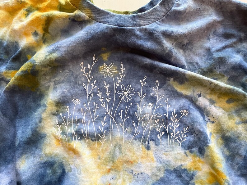 Wildflower Tshirt, Blue and Yellow Tie Dye, Ice Dyed Shirt, Hand Dyed, One of a Kind Shirt, Boho Style Shirt, Ice Dye Crew Neck Shirt image 4