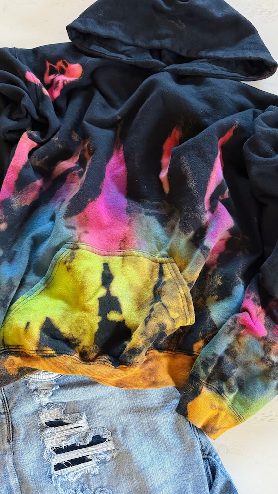 Hoodie Reverse Tie Dye Sweatshirt Rainbow Hooded Sweater Black