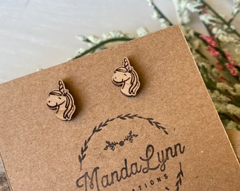 Unicorn Studs, Wooden Studs, Little Girl's Earrings, Gift Idea for Girl, Hand Drawn Line Art, Birthday Gift for Young Daughter