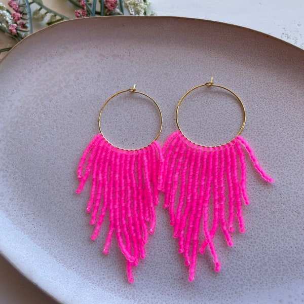 Fringe Beaded Earrings, Neon Bead Hoop Earrings, Hot Pink Statement Earrings, Seed Bead Hoops, Large Pink Earrings, Cute Gift for Friend