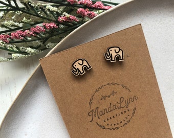 Elephant Stud Earrings, Hand Drawn Line Art, Support Gift from Friend, Small Gift Idea from Friend, Wooden Elephant, Laser Cut Studs