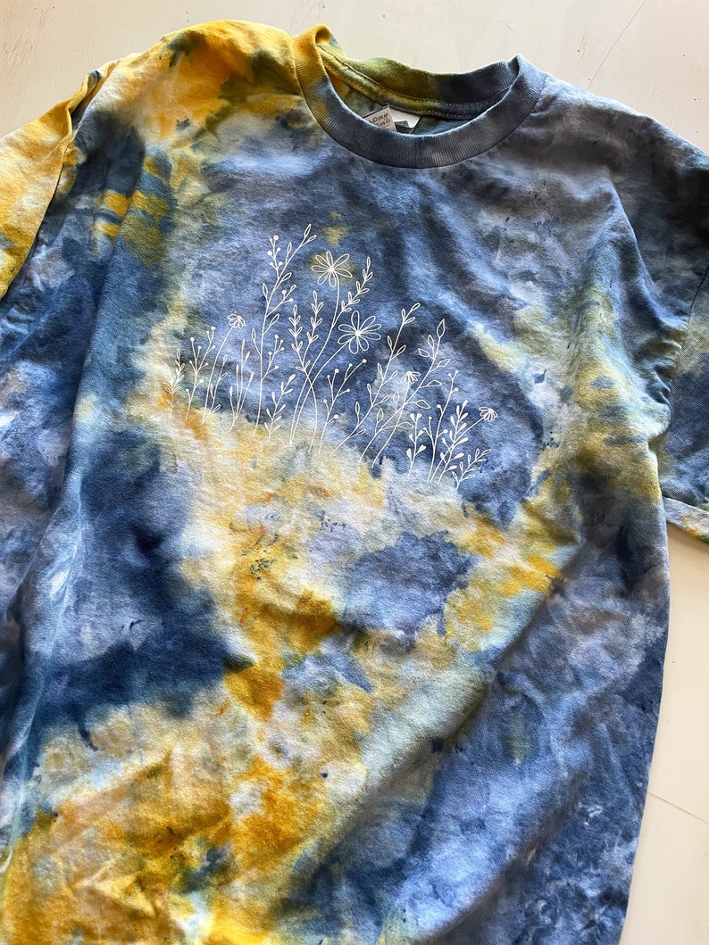 Wildflower Tshirt, Blue and Yellow Tie Dye, Ice Dyed Shirt, Hand Dyed, One of a Kind Shirt, Boho Style Shirt, Ice Dye Crew Neck Shirt image 7