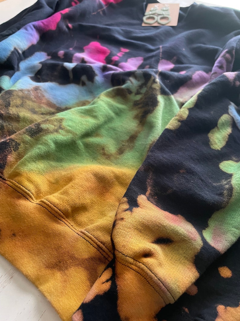 Reverse Tie Dye Sweatshirt, Rainbow Sweater, Black Rainbow, Bleach Tie Dye Crewneck, Purple, Green, Blue, Yellow, Bright Pink Sweatshirt image 5