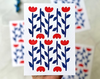 Cartes postales florales, feuilles, carte de voeux, impression manuelle, linogravure, illustration motif florales, feuilles