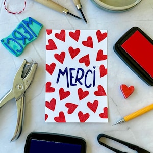 Cartes postales de remerciement, merci, amour, carte de voeux, impressie manuelle, linogravure, illustratie motief coeur