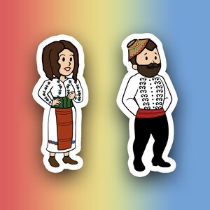 Traditional Romania Ie Costume Waterproof Vinyl Stickers - Young Boy & Girl in National Ie Attire - Cultural Phone and Journal Adhesive