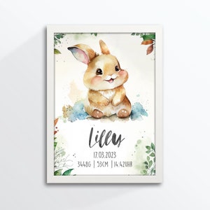 Geburtsposter, Geburtsanzeige, Geburtstafel, Geburtsdaten, Hase, Kinderbild, DIN A4, personalisiert, Aquarell Stil, Bilderrahmen geschenkt!
