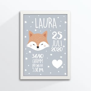 Geburtsanzeige "FUCHS" DIN A4, personalisiert, inkl. Bilderrahmen, versch. Farben