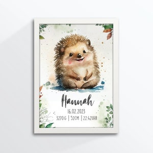 Geburtsposter, Geburtsanzeige, Geburtstafel, Geburtsdaten, Igel, Kinderbild, DIN A4, personalisiert, Aquarell Stil, Bilderrahmen geschenkt!