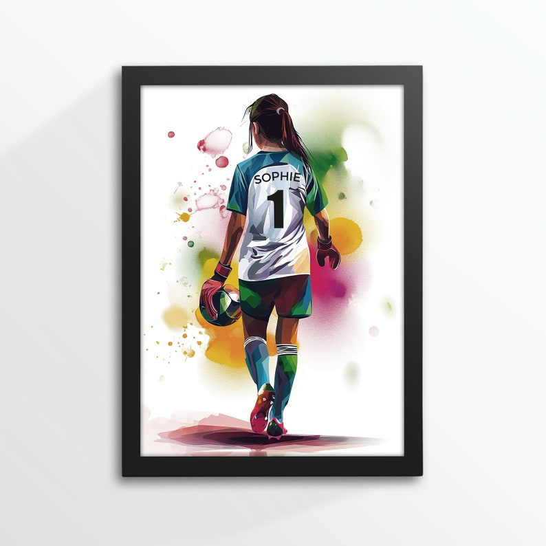 Fußballer, Kind, Fußballspieler, Fußballspielerin, personalisiert mit Namen / Nummer, Poster, Torwart, Aquarell, A4, Bilderrahmen geschenkt Torwartin dunkel