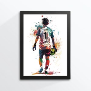 Joueur de football, enfant, footballeur, footballeuse, personnalisé avec nom/numéro, affiche, gardien de but, aquarelle, A4, cadre photo offert Torwart dunkelhaarig