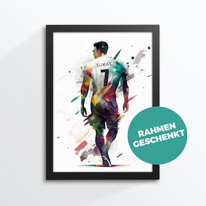 Fußballer, Fußballspieler, Fußballspielerin, personalisiert mit Namen / Nummer, Poster, Torwart, Aquarell Stil, A4, Bilderrahmen geschenkt!