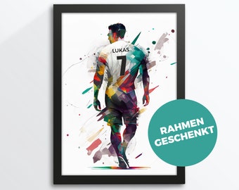 Fußballer, Fußballspieler, Fußballspielerin, personalisiert mit Namen / Nummer, Poster, Torwart, Aquarell Stil, A4, Bilderrahmen geschenkt!