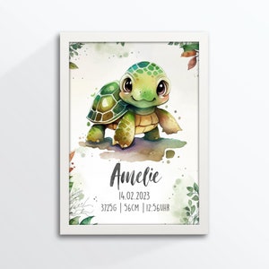 Geburtsposter, Geburtsanzeige, Geburtstafel, Geburtsdaten, Schildkröte, DIN A4, personalisiert, Aquarell Stil, Bilderrahmen geschenkt!