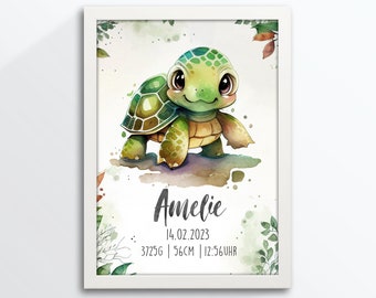 Geburtsposter, Geburtsanzeige, Geburtstafel, Geburtsdaten, Schildkröte, DIN A4, personalisiert, Aquarell Stil, Bilderrahmen geschenkt!