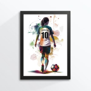 Fußballer, Kind, Fußballspieler, Fußballspielerin, personalisiert mit Namen / Nummer, Poster, Torwart, Aquarell, A4, Bilderrahmen geschenkt Spielerin dunkel