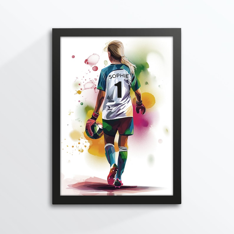 Joueur de football, enfant, footballeur, footballeuse, personnalisé avec nom/numéro, affiche, gardien de but, aquarelle, A4, cadre photo offert Torwartin hell