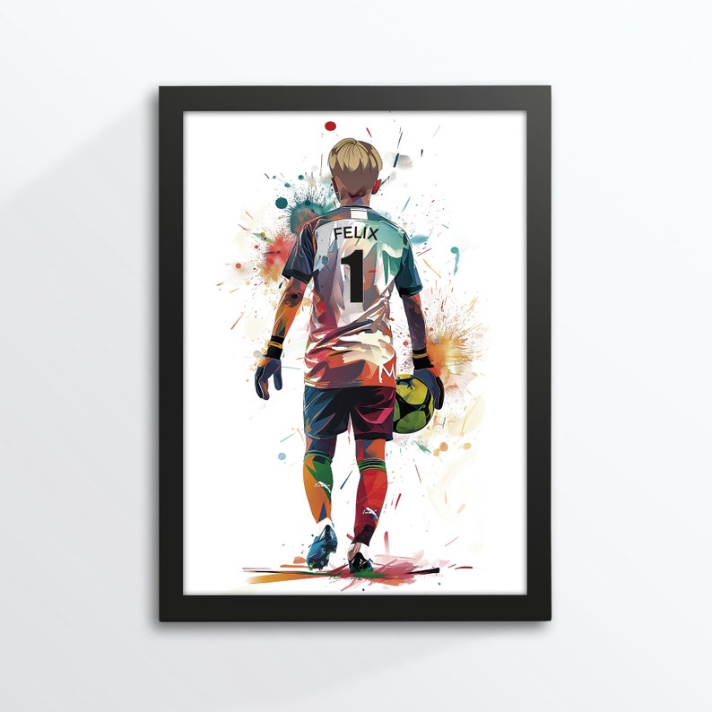 Fußballer, Kind, Fußballspieler, Fußballspielerin, personalisiert mit Namen / Nummer, Poster, Torwart, Aquarell, A4, Bilderrahmen geschenkt Bild 4