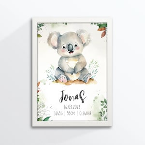 Geburtsposter, Geburtsanzeige, Geburtstafel, Geburtsdaten, Koala, Kinderbild, DIN A4, personalisiert, Aquarell Stil, Bilderrahmen geschenkt!