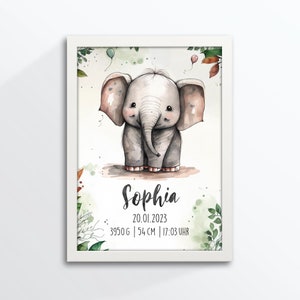 Geburtsposter, Geburtsanzeige, Geburtstafel, Geburtsdaten, Elefant, DIN A4, personalisiert, Aquarell Stil, Bilderrahmen geschenkt!