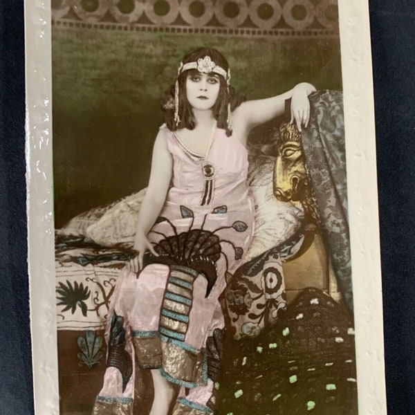 Vintage 1917 Theda Bara Cleopatra Silent Film Original Tinted Embossed Postcard Over 100 Year Old Antique Rare Unique Paper Ephemera Item