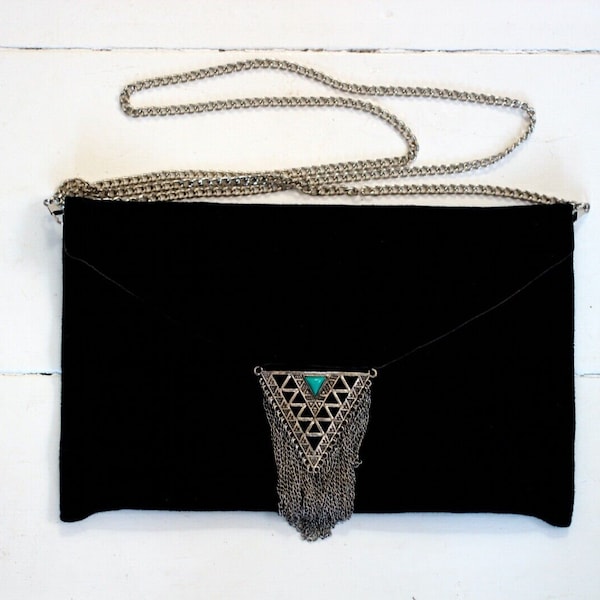 CRAZY LOU PARIS Velvet Shoulder Purse Clutch Metallic Medieval Triangle with Turquoise Style Stone Setting Vintage