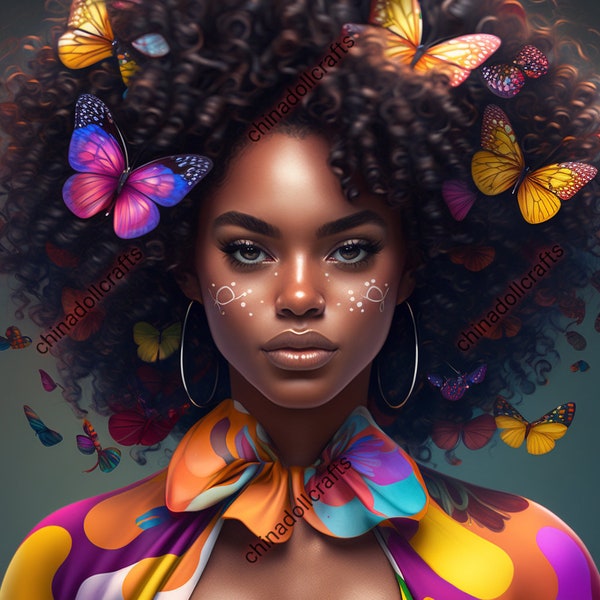 Beautiful Black Woman, Blue Butterflies, Digital Print, Wall Art, Digital Download, AI Art,  African American Woman.