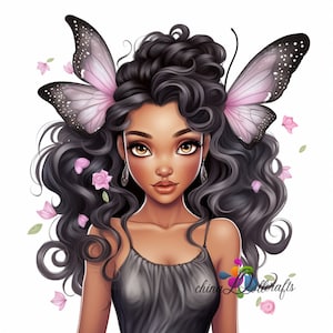 Beautiful Black Fairy, Flowers, Butterflies, Digital Print, Wall Art, Digital Download, AI Art,  African American Woman.  Fairy Fantasy