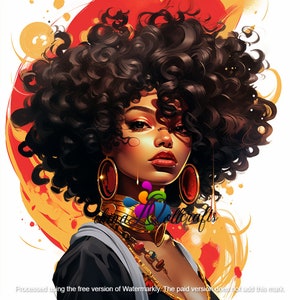 May include: A digital painting of a woman with dark brown curly hair, wearing gold jewelry and a red and gold outfit. The background is a red and yellow abstract design.