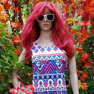 UK 12 (US 8) Funky Vintage 1960s / 1970s Psychedelic Red White Blue Pink Aqua Abstract Pattern Column Maxi Dress by Ladies Pride