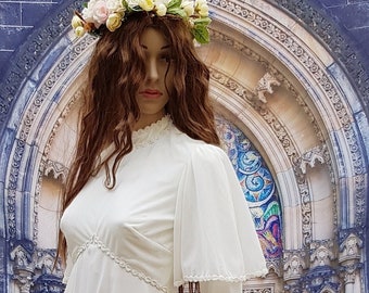 Gorgeous Vintage 1970s Pale Cream Edwardian Style Wedding Dress / Bridal Gown with Train By QUAD