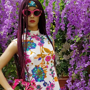UK 8/10 (US 4/6) Groovy Vintage 1960s / 1970s Psychedelic White Pink Turquoise Orange Blue Green Floral Flower Power Maxi Dress