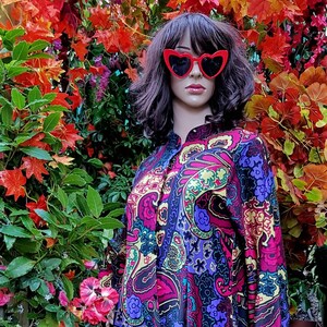 UK 10/12 (US 6/8) Stunning Vintage Late 1960s/1970s Multicoloured Psychedelic Abstract Print Kaftan Maxi Dress Turnabout by Walker Reid