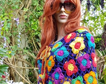 Vintage Poncho: Fabulous Vintage Up-cycled 1970’s Fabulous Multicoloured Flower Power Poncho