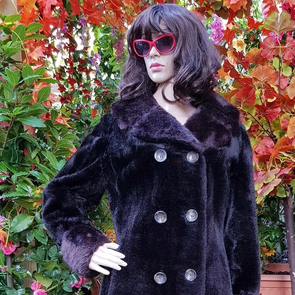 Gorgeous Vintage 1960s / 1970s Dark Brown and Black Long Faux Fur Coat By Fashionwise