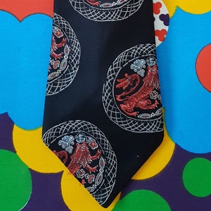Vintage Men's Tie: Groovy Vintage 1970s Black Red and Grey Oriental Pattern Kipper Tie