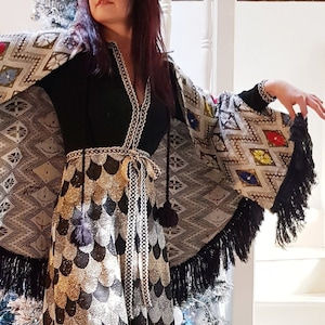 Vintage Shawl: Amazing Rare 1960s Geometric Pattern Multicoloured Cream Gold Lurex Woven Tapestry Poncho/Cape/Shawl with Fringe & PomPoms
