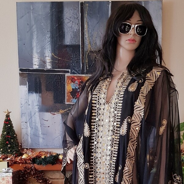 Glamerous Plus Size Vintage 1970's Black Gold Chiffon Sheer Embroidered & Sequin Kaftan with Long Train