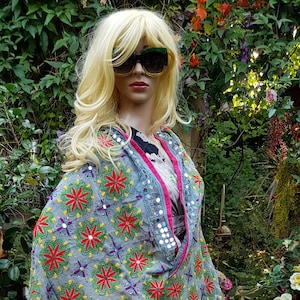 Vintage Shawl: Beautiful Vintage Grey, Red, Green, Yellow and Pink Floral Embroidered and Sequin Chiffon Indian Shawl