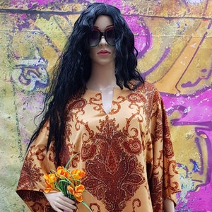 Vintage Kaftan: Fantastic 1960s / 1970s Cream Red Brown Paisley and Abstract Print Kaftan Maxi Dress with Flared Angel Sleeves By Arnel image 1